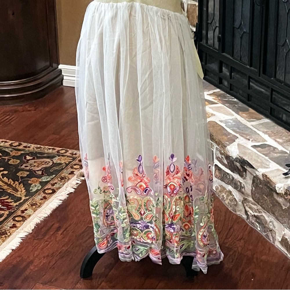 Whimsical Aratta White Maxi Skirt with Colorful Embroidery NWT